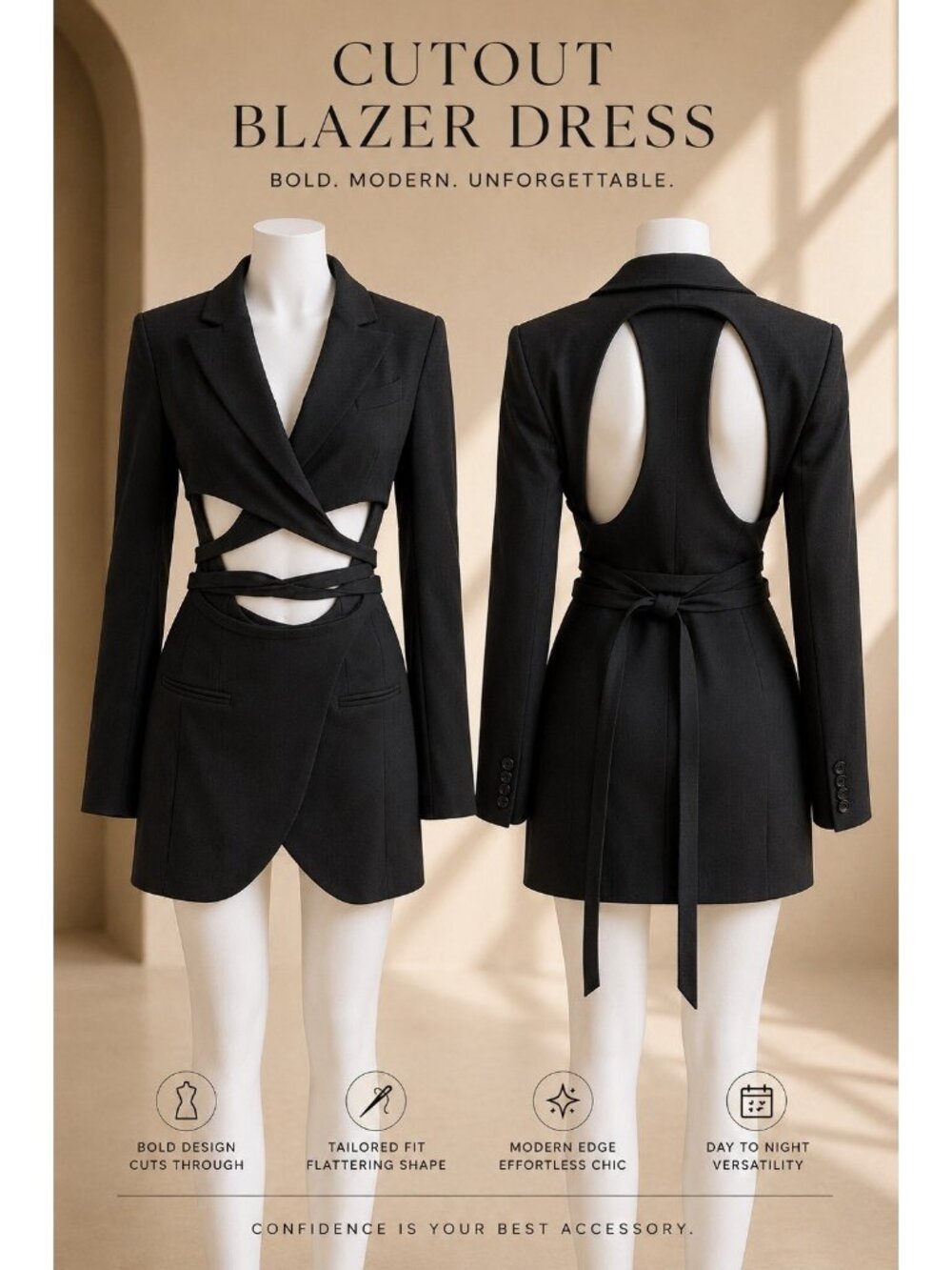 Black Cutout Blazer Dress Open Back Wrap Waist Long Sleeve Mini Dress Size S - Picture 9 of 9